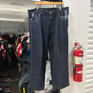 Mens Blue Denim Carpenter Jeans Wide Leg Plaid Waistband Size 42x32 Cuffed